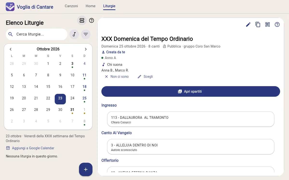 Le liturgie sul computer: a sinistra il calendario del mese con i giorni delle liturgie, a destra la domenica aperta con chi suona e i canti divisi per momento della Messa.