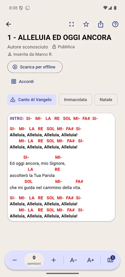 Un canto sull'app per telefono: il testo con gli accordi in rosso e i comandi per tonalità e dimensione del testo.