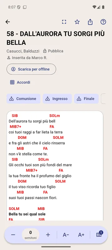 Il canto «Dall'aurora tu sorgi più bella» aperto sul telefono.